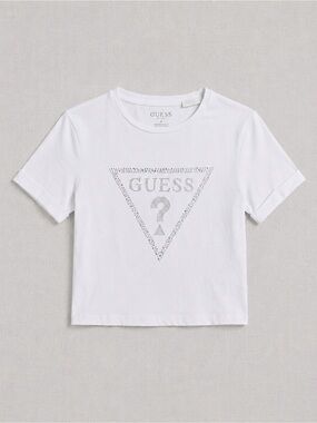 GUESS classic crop white tshirt with rhinestone lettering